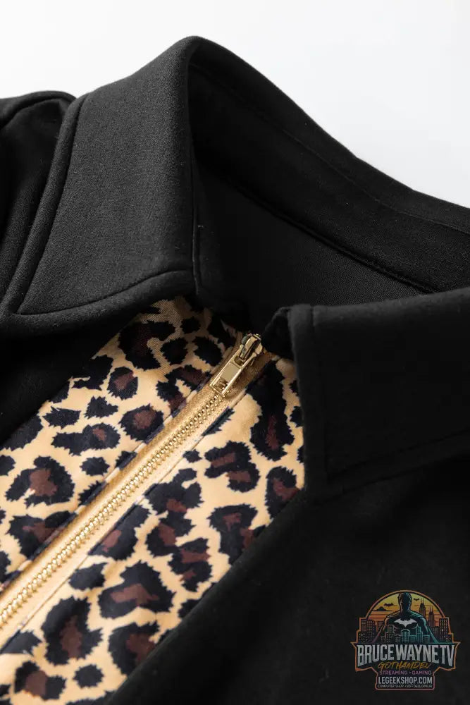 Mini robe léopard patchwork col zippé manches courtes bouffantes droite noir - Dresses/Mini Dresses