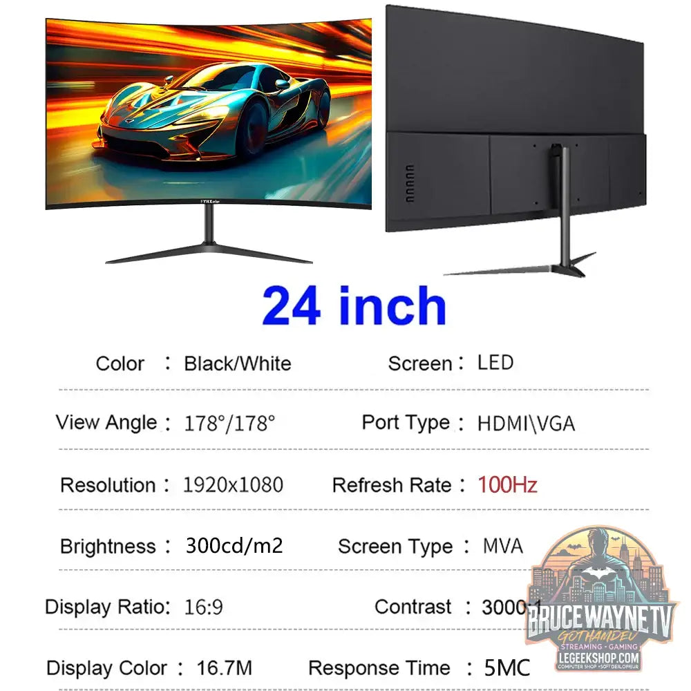 Moniteur incurvé de 24 pouces 100 Hz pour jeux MVA FHD 1080P écran d’ordinateur 3000R HDMI/VGA DCR protection des yeux