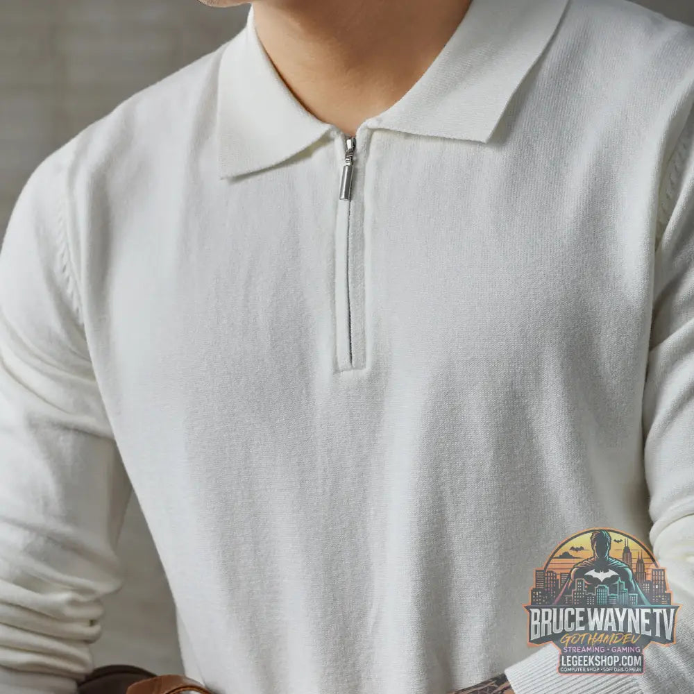 Pull Polo Homme Tricoté Zip Mi-Hauteur Loose - White / M - Pull Polo Homme