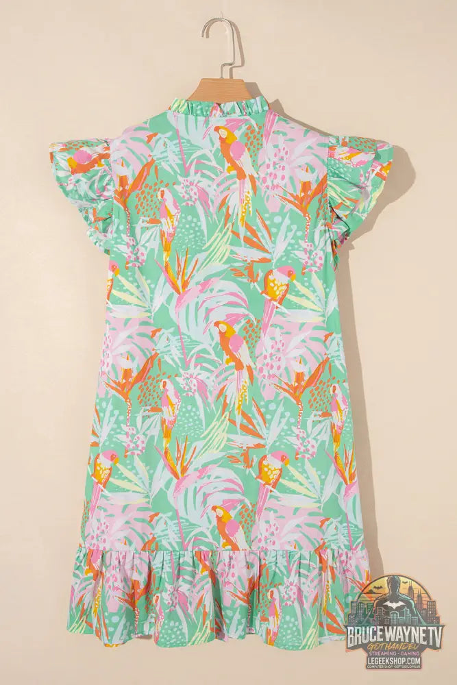 Robe boutonnée à manches flottantes et à volants floraux abstraits vert - Dresses/Floral Dresses
