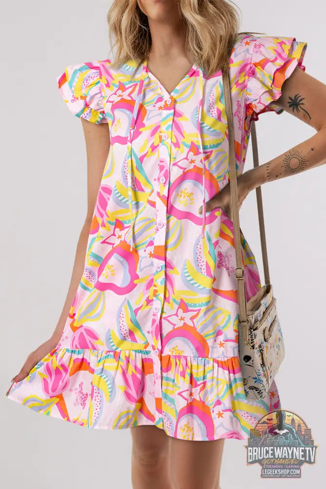 Robe boutonnée à manches flottantes et à volants floraux abstraits vert - Pink / S / 100% Cotton - Dresses/Floral