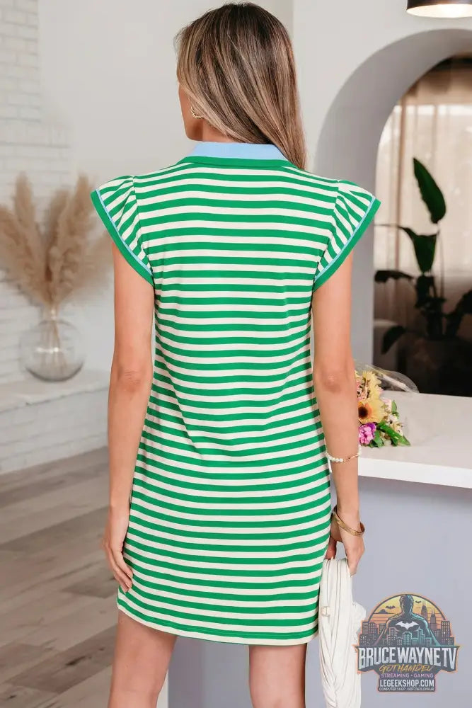 Robe Courte Femme – Rayée · Col V Fendu · Col Contrasté · Manches Flottantes · 3 Coloris - Robe Femme