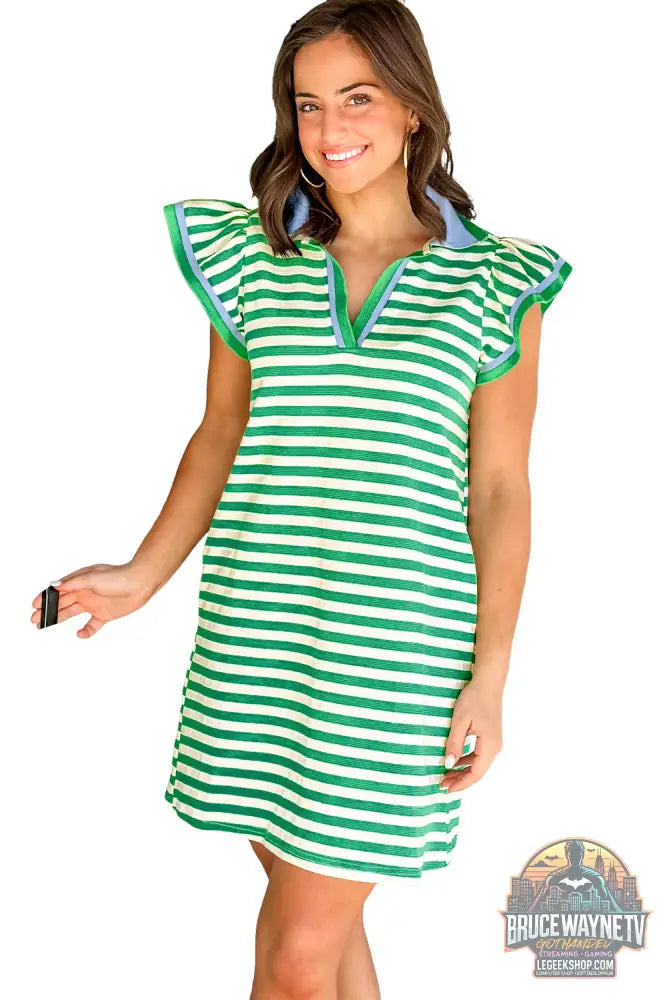 Robe Courte Femme – Rayée · Col V Fendu · Col Contrasté · Manches Flottantes · 3 Coloris - Robe Femme