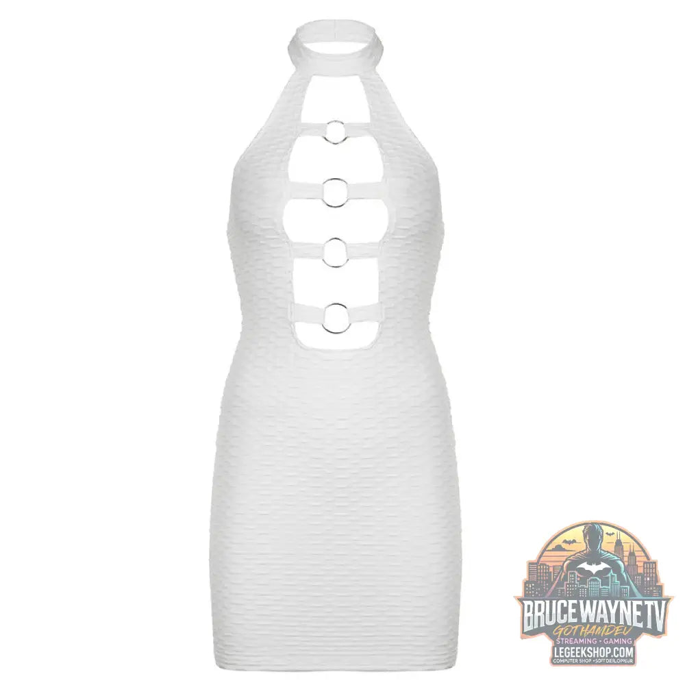 Robe Femme Courte Anneaux Découpes Col Licou Sexy - White / S - Robe Femme