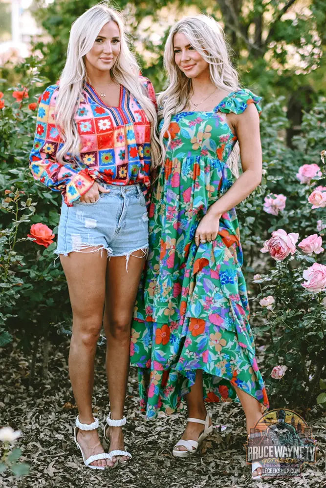 Robe longue à volants et à volants sans manches à imprimé floral vert - Dresses/Floral Dresses