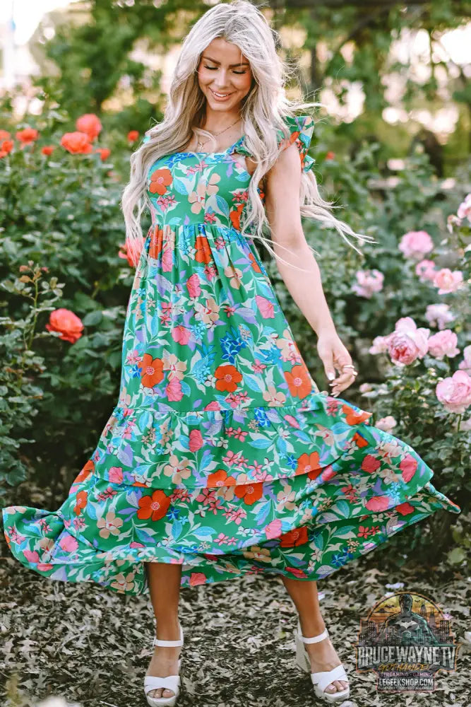 Robe longue à volants et à volants sans manches à imprimé floral vert - Dresses/Floral Dresses