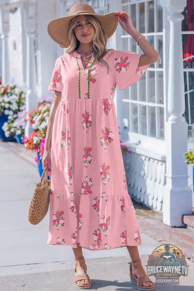Robe Longue Femme – Florale · Col Cranté · Manches Courtes Flottantes · Taille Haute · 2 Coloris - Robe Femme
