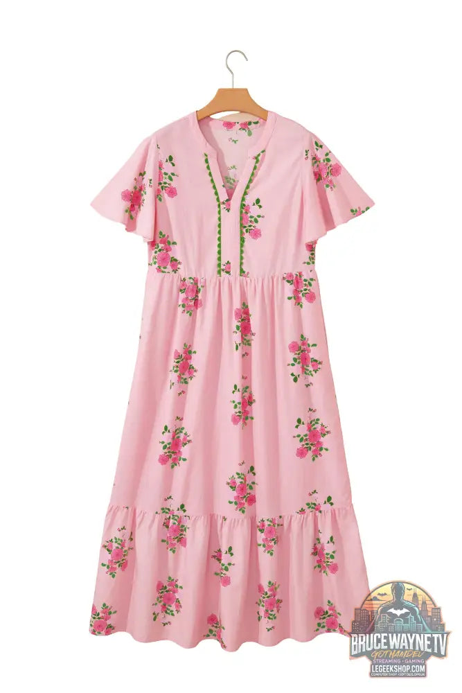Robe Longue Femme – Florale · Col Cranté · Manches Courtes Flottantes · Taille Haute · 2 Coloris - Robe Femme