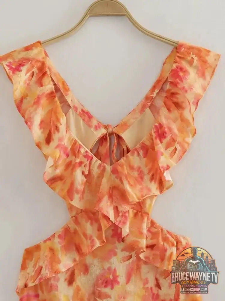Robe longue Orange pour femmes mode d’été Sexy col en v sans manches dos nu imprimé à volants ajouré robes de plage