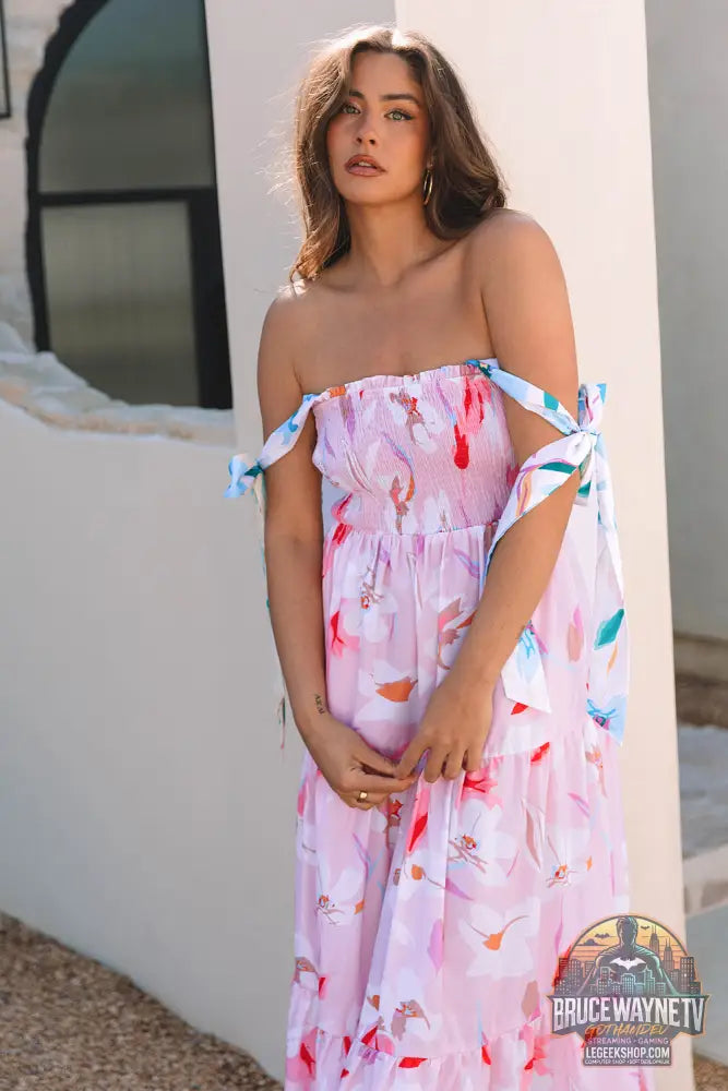 Robe longue smockée rose à imprimé floral et épaules nouées - Dresses/Floral Dresses
