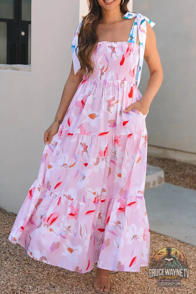 Robe longue smockée rose à imprimé floral et épaules nouées - Dresses/Floral Dresses