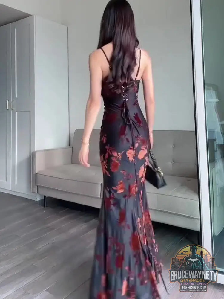 Robe Maxi Floquée Bretelles Sexy Slim Fit - Robe Femme