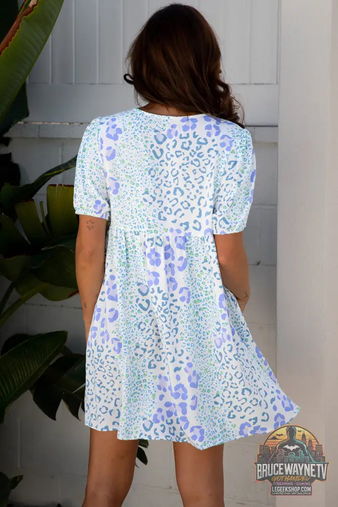 Sky Blue Leopard Contraste Bow Puff Sleeve Mini robe - Dresses/Mini Dresses