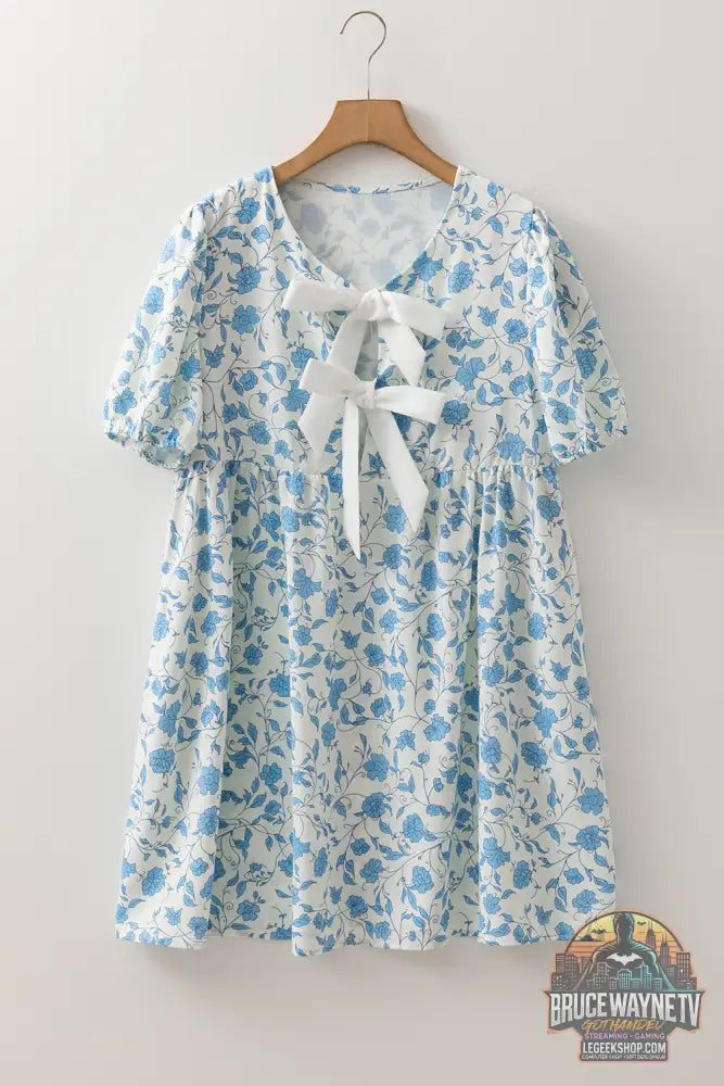 Sky Blue Leopard Contraste Bow Puff Sleeve Mini robe - Dresses/Mini Dresses