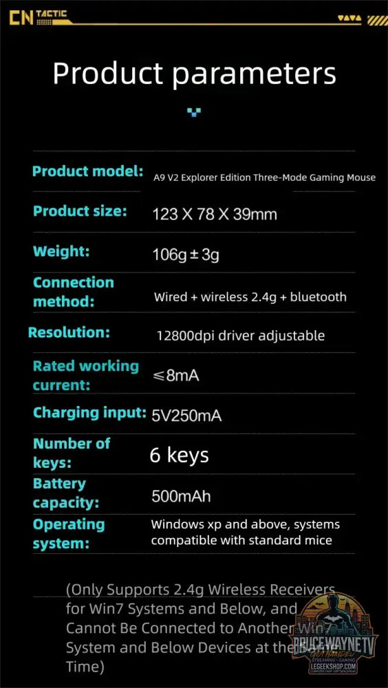 Souris de jeu sans fil Inphic A9 Explorer V2 affichage du niveau de batterie 500mA ergonomique Bluetooth pour bureau PC