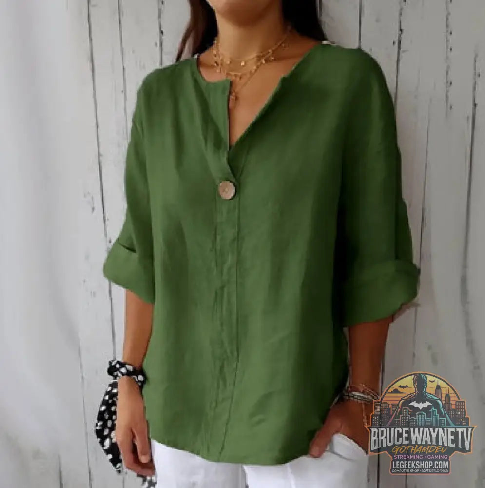 T-Shirt Femme Col V Manches Longues Coton Lin Boutons Décontracté - Green / 3XL - T-Shirt Femme