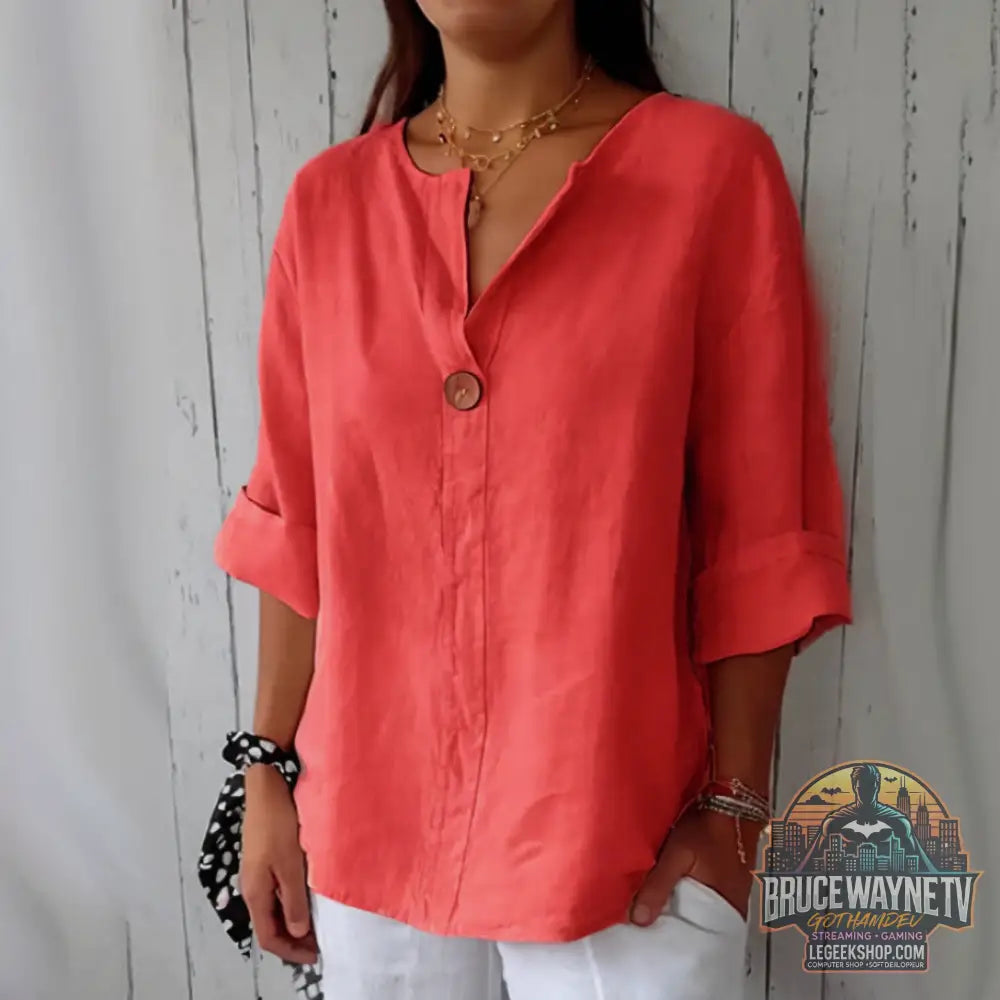 T-Shirt Femme Col V Manches Longues Coton Lin Boutons Décontracté - Red / L - T-Shirt Femme