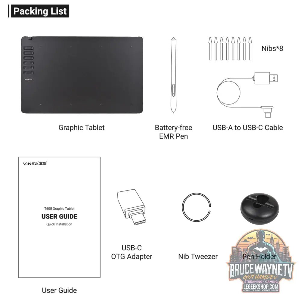 Tablette Graphique VINSA T1161 Ultra-Mince, 8192 Niveaux de Pression Stylet sans Batterie - Tablette Graphique