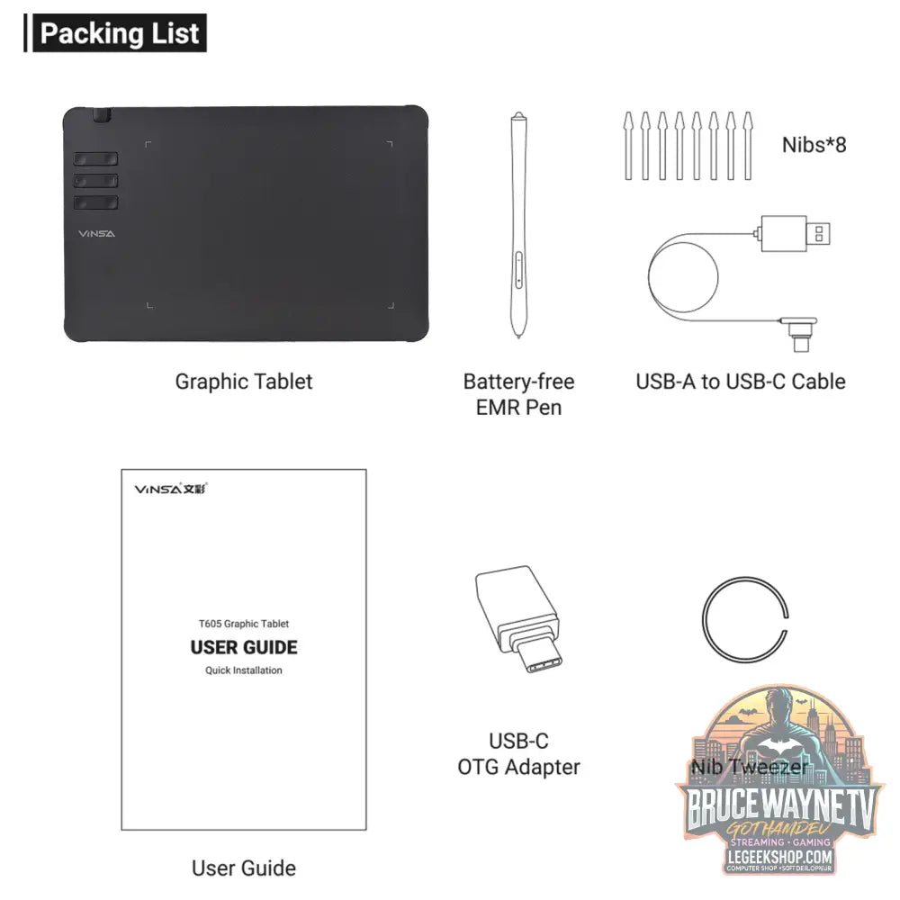 Tablette Graphique VINSA T1161 Ultra-Mince, 8192 Niveaux de Pression Stylet sans Batterie - Tablette Graphique