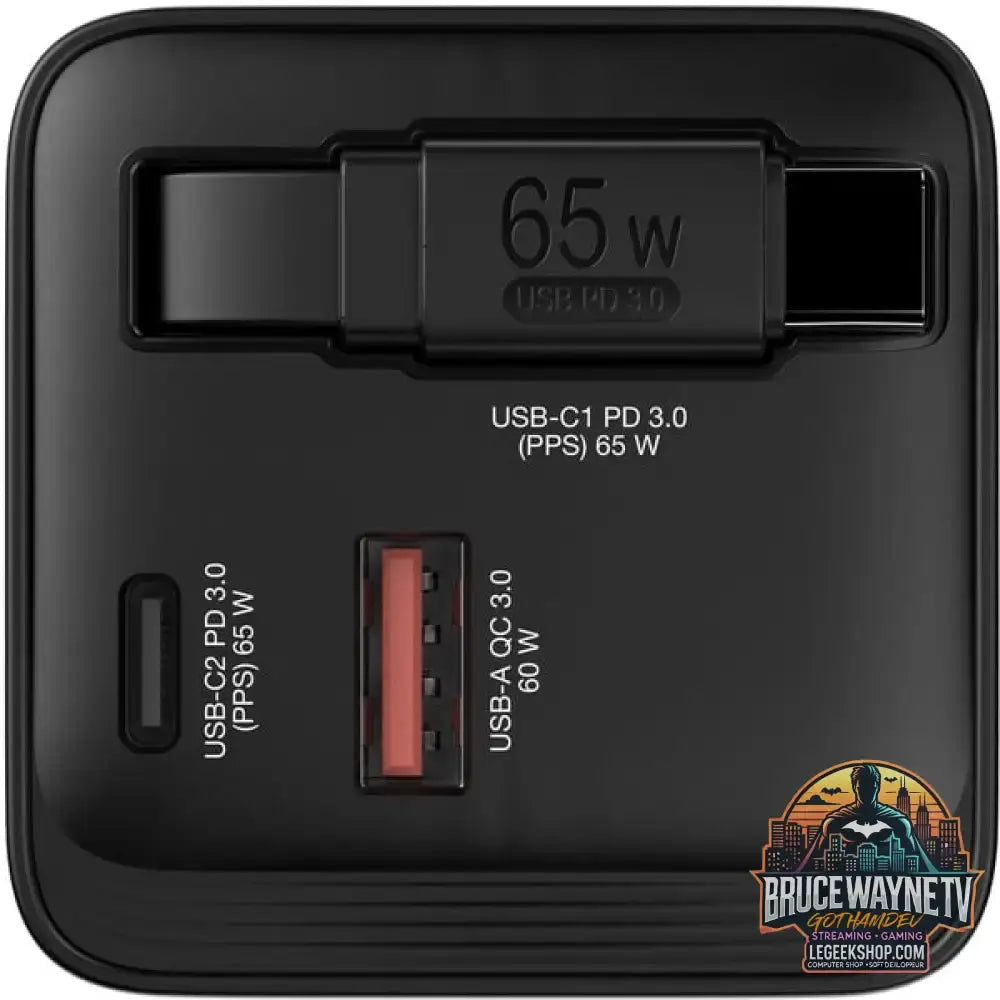 Verbatim GaN-Ladegerät 65W, 1x USB-A, 2x USB-C, ausziehbares Kabel schwarz, PD 3.0, QC 3.0 - Stromquelle: Steckdose - vue 3