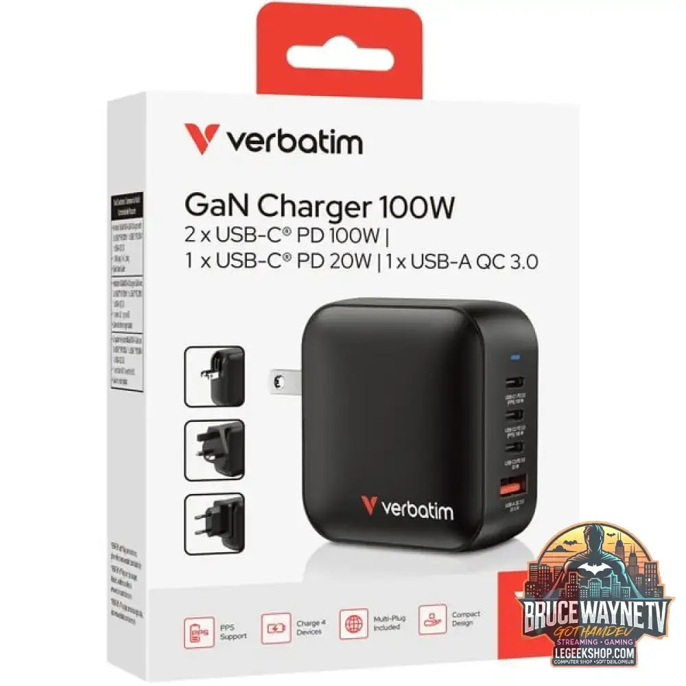 Verbatim Mini-GaN-Ladegerät 100W 4-Port, 1x USB-A, 3x USB-C schwarz, PD 3.0, QC 3.0 - Verbatim - vue 4