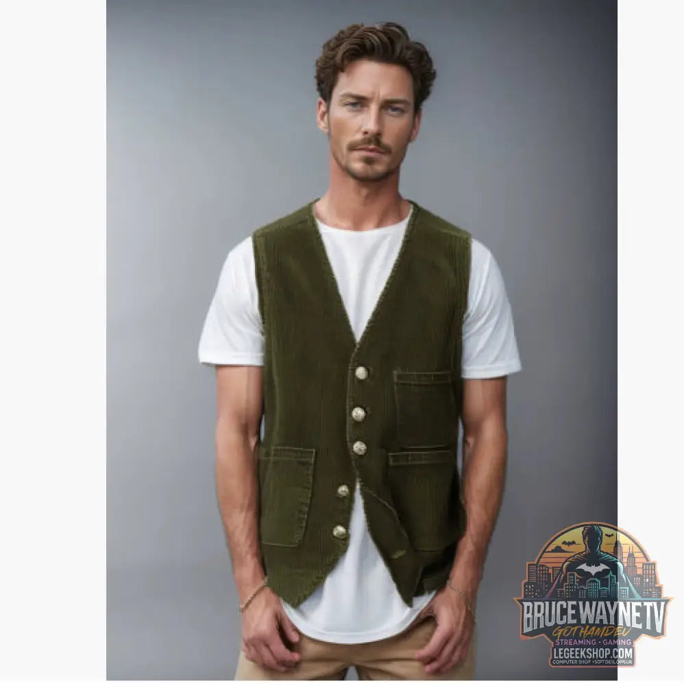Veste Blazer Homme Velours Côtelé Hiver Casual Chaud Noir Marron Vert Bleu - Army green vest with patch poc / L - Veste