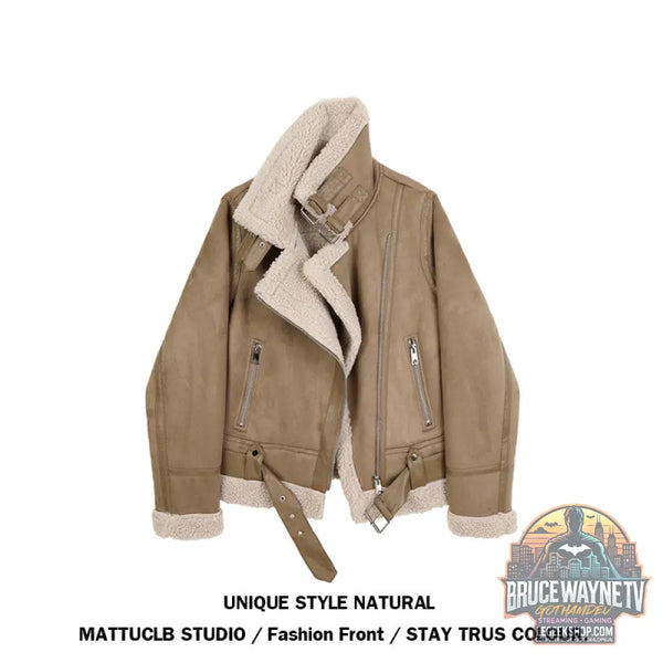 Veste Femme Laine Agneau Courte Motard Hiver Chaude - Veste Femme